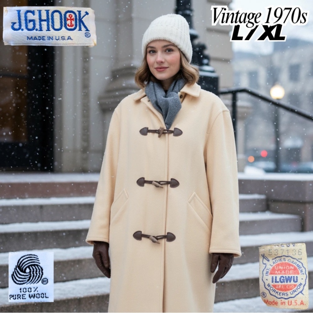 VINTAGE J. G. HOOK 100% Wool Cream Duffle Coat 70s L/XL Union Made USA 1970s